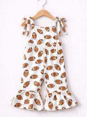 New White and Brown Football Print Toddler One-Piece Romper, 18-24M